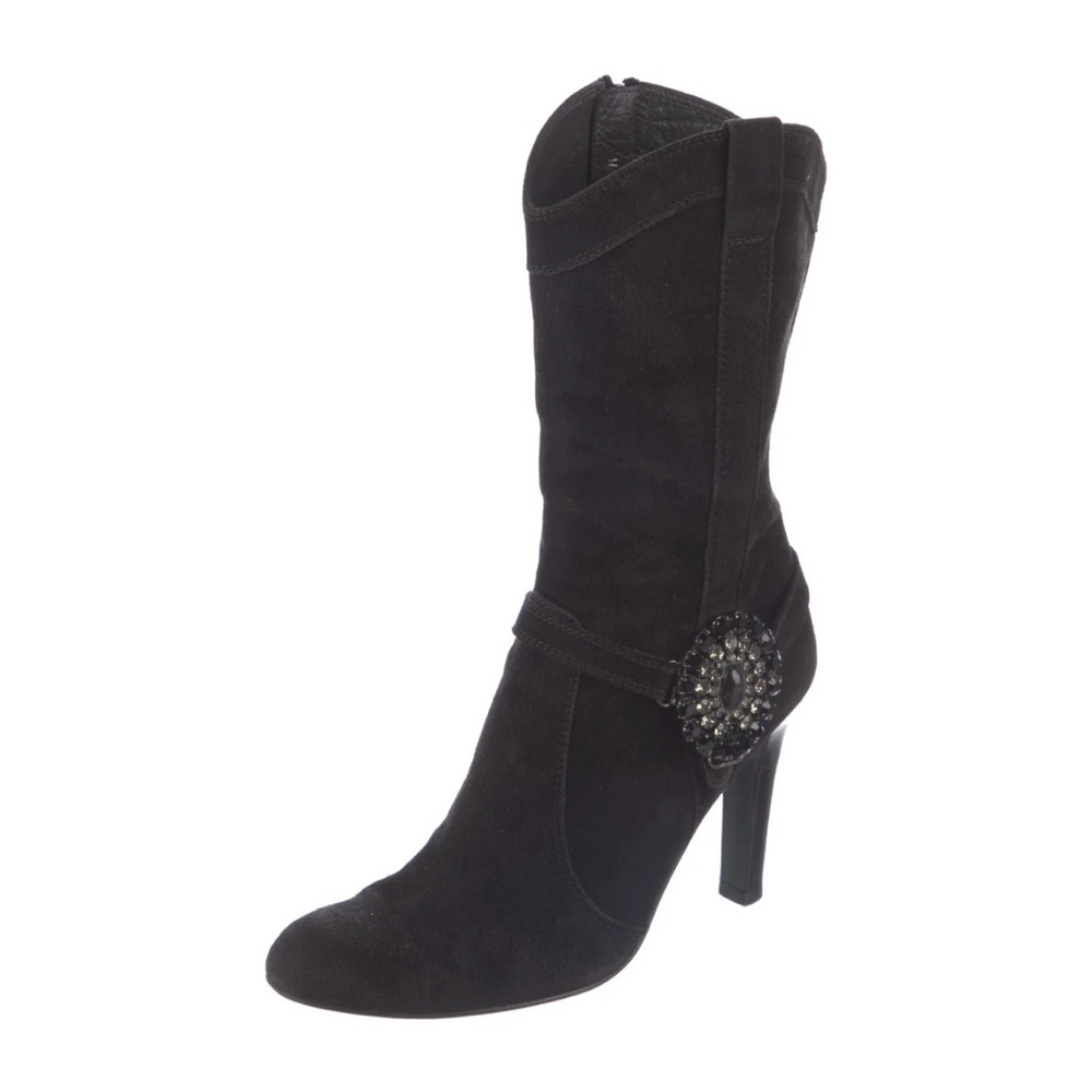 Stuart Weitzman Black Heeled Boots with Elegant Embellishment